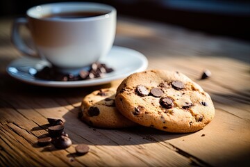 Freshly sweet Baked chocolate chip cookies and espresso. Steamy cup of coffee