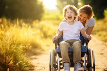 A Mother With An Incapacitated Boy In A Wheelchair Walking In Nature. Rehabilitation Period, Text Space