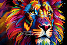 Geometric Abstract Lion Head Portrait With The Face In A Polygon Abstract Pattern, Computer Generative AI Stock Illustration Image

