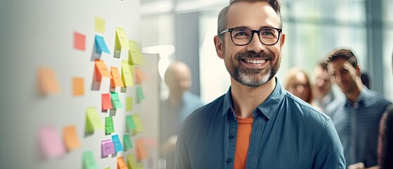 Happy intelligent man working with his team to plan a project in the corporate office