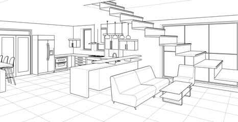  interior kitchen living room 3d illustration