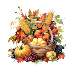 Wall Mural - Thanksgiving cornucopia watercolor. Poster, banner, greeting card. Vector illustration. Holiday greeting card collection. Food illustration.