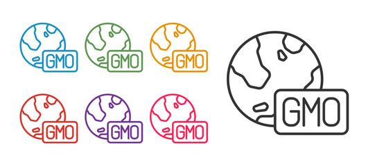 Set line GMO icon isolated on white background. Genetically modified organism acronym. Dna food modification. Set icons colorful. Vector