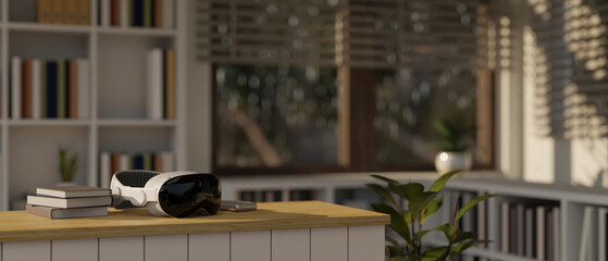 A modern VR goggles or headset on a table in a modern and cozy living room.