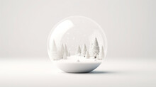 Christmas 3d White Glass Snow Ball Dome With White And Gold Christmas Balls. Realistic White Decorations For New Year Winter Background. Minimalist Design.