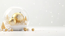Christmas 3d White Glass Snow Ball Dome With White And Gold Christmas Balls. Realistic White Decorations For New Year Winter Background. Minimalist Design.