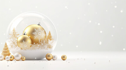 Wall Mural - christmas 3d white glass snow ball dome with white and gold christmas balls. realistic white decorat