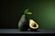 Close up of sliced open avocado on a dark bench in the style of moody food photography with dark background and warm earth tones