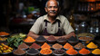 A proud spice merchant in a vibrant outfit stands amidst a blur of aromatic spices at a colorful market.