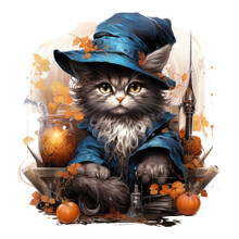  A Halloween Cat T-shirt Design With A Humorous Twist, Showing The Dog Dressed As A Wizard, Holding A Magic Wand, Generative Ai