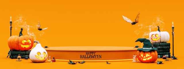 Wall Mural - Halloween mockup empty display decorated with carved pumpkins and holiday decoration on orange background with copy space. 3D Rendering, 3D Illustration
