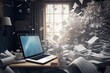 © Ирина Рычко - laptop on table with many paper documents at night, AI Generated