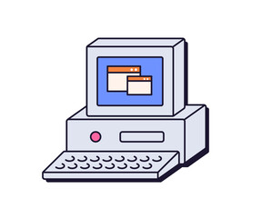 Aufkleber - Old retro desktop PC. 1990s personal computer. 90s technology, electronic machine with monitor and keyboard, nostalgia tech icon. Flat graphic vector illustration isolated on white background