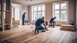 Builders skillfully installing wooden flooring in a living room, adding a touch of natural beauty and timeless charm to the space. Generated by AI.