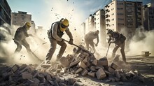 Skilled Craftsmen Expertly Wielding A Jackhammer To Break Up Concrete For Demolition, Showcasing Their Ability To Selectively Remove. Generated By AI.