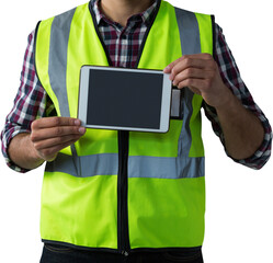 Poster - Digital png photo of midsection of caucasian man holding tablet on transparent background