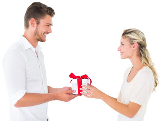 Poster - Digital png photo of caucasian couple with present on transparent background