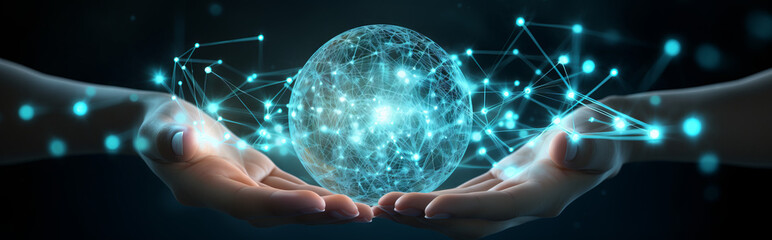 Hand of businesswoman touching circle global network connection and data exchanges, Business networking with customer, Science, Innovation, Communication and technology concept. Generative AI.
