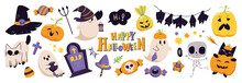 Happy Halloween Day Element Background Vector. Cute Collection Of Spooky Ghost, Pumpkin, Bat, Candy, Moon, Skull, Spider, Cat, Worm. Adorable Halloween Festival Elements For Decoration, Prints.
