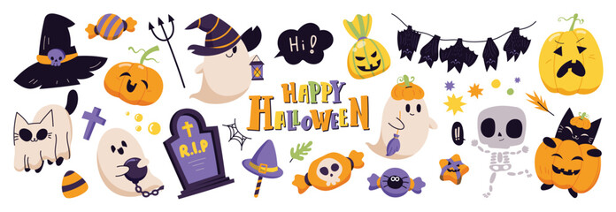 Happy Halloween day element background vector. Cute collection of spooky ghost, pumpkin, bat, candy, moon, skull, spider, cat, worm. Adorable halloween festival elements for decoration, prints.