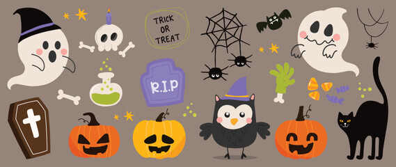 happy halloween day element background vector. cute collection of spooky ghost, pumpkin, bat, candy,