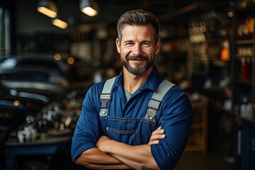Wall Mural - Technician, male auto mechanic in coverall in modern auto repair shop, garage