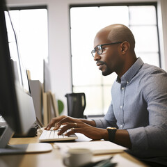 African American man in office looking at a computer