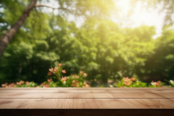 Empty wooden product display table top with blurred garden background nature scene podium