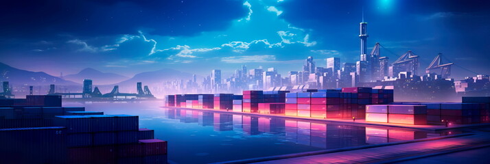 Wall Mural - cargo warehouse illuminated by the glow of city lights, representing the constant activity and round-the-clock nature of global trade.