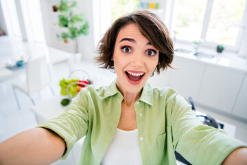 Wall Mural - Photo of impressed funky lady dressed green shirt recording video preparing new recipe indoors house kitchen