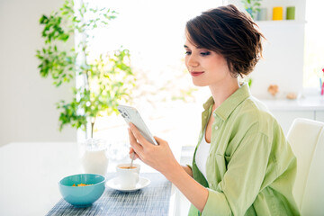 Photo of adorable pretty lady dressed green shirt drinking coffee reading morning news modern gadget indoors house kitchen