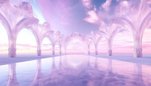 Abstract Fantasy Landscape With Water, Rocks, Mirror Arch, Neon Frame And Cloud. Minimalist Aesthetic Wallpaper