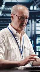 Poster - vertical video certified technician expertly managing data while navigating in industrial server roo