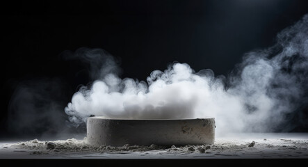 Podium or pedestal with smoke in the dark concrete floor grunge texture background, Gray textured concrete platform, light, fog, asphalt, copy space, generative ai