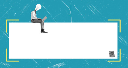 Leinwandbilder - Man with laptop sitting on a large poster for text. Art collage.