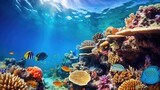 Fototapeta Do akwarium - Ocean coral reef underwater. Sea world under water background. Beautiful view of sea life. Ecosystem. AI photography..
