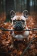 French bulldog in the autumn forest, playing with sticks. Ai-generated pet portrait.