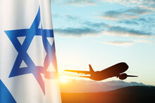Israel Flag And Airplane Taking Off At The Sunset Sky.
