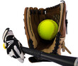 Gloves, ball and bat. PNG isolated.