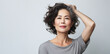 Leinwanddruck Bild - Japanese adult woman with smooth healthy face skin. Beautiful aging mature asian woman with long gray hair and happy smiling touch face. Beauty and cosmetics skincare advertising concept.