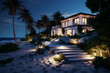 Ai-generated photo of a luxury beachfront villa with a stone walkway to the sea. Palms and the night sky.
