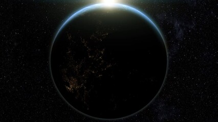 Poster - A cinematic rendering of planet Earth during sunrise as view from space with vibrant blue sky atmosphere