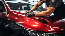 Auto Body Repair Specialist Is Hard At Work, Using Their Knowledge And Tools To Fix A Dent On The Car's Fender, Ensuring A Flawless Restoration. Generated By AI.