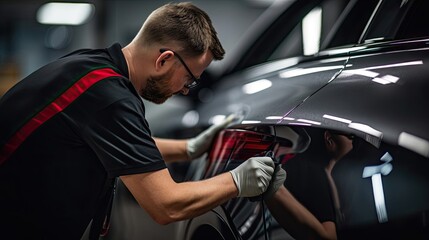 auto body repair specialist as they meticulously work to fix a dent on the car's fender, restoring b