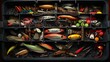 Close-up of a fisherman's tackle box, revealing a colorful array of various lures neatly organized inside. Each lure tells a unique story of angling adventures. Generated by AI.