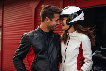 Wall Mural - Young cool couple wearing motorcycle gear and helmets, AI Generated