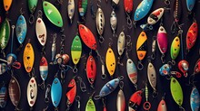 Colorful Fishing Lures Artfully Organized In A Vintage-style Pattern. Each Lure Holds A Story Of Angler's Dedication. Generated By AI.