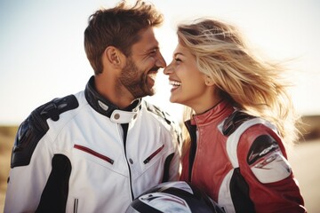 Wall Mural - Young cool couple wearing motorcycle gear and helmets, AI Generated