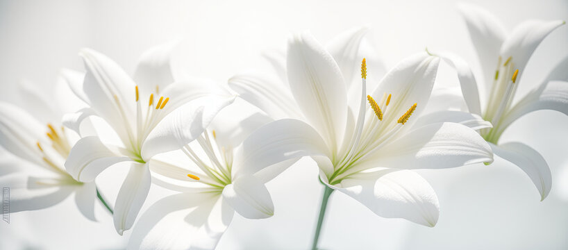 Wall Mural -  - white lily flowers banner. Close up of white lily flowers on white background. wide banner. Generative AI