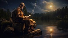 Angler's Dedication As He Sits On A Riverbank, His Gaze Fixed On The Water's Surface While Waiting For A Bite. The Rippling Current And The Rustling Of Nearby Reeds. Generated By AI.